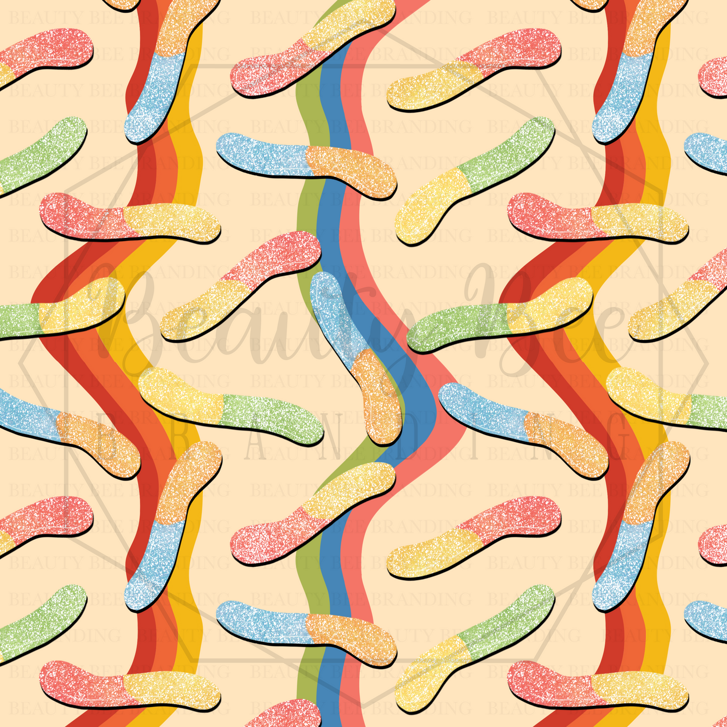 Sugar Rush Gummy Worms Retro SEAMLESS PATTERN