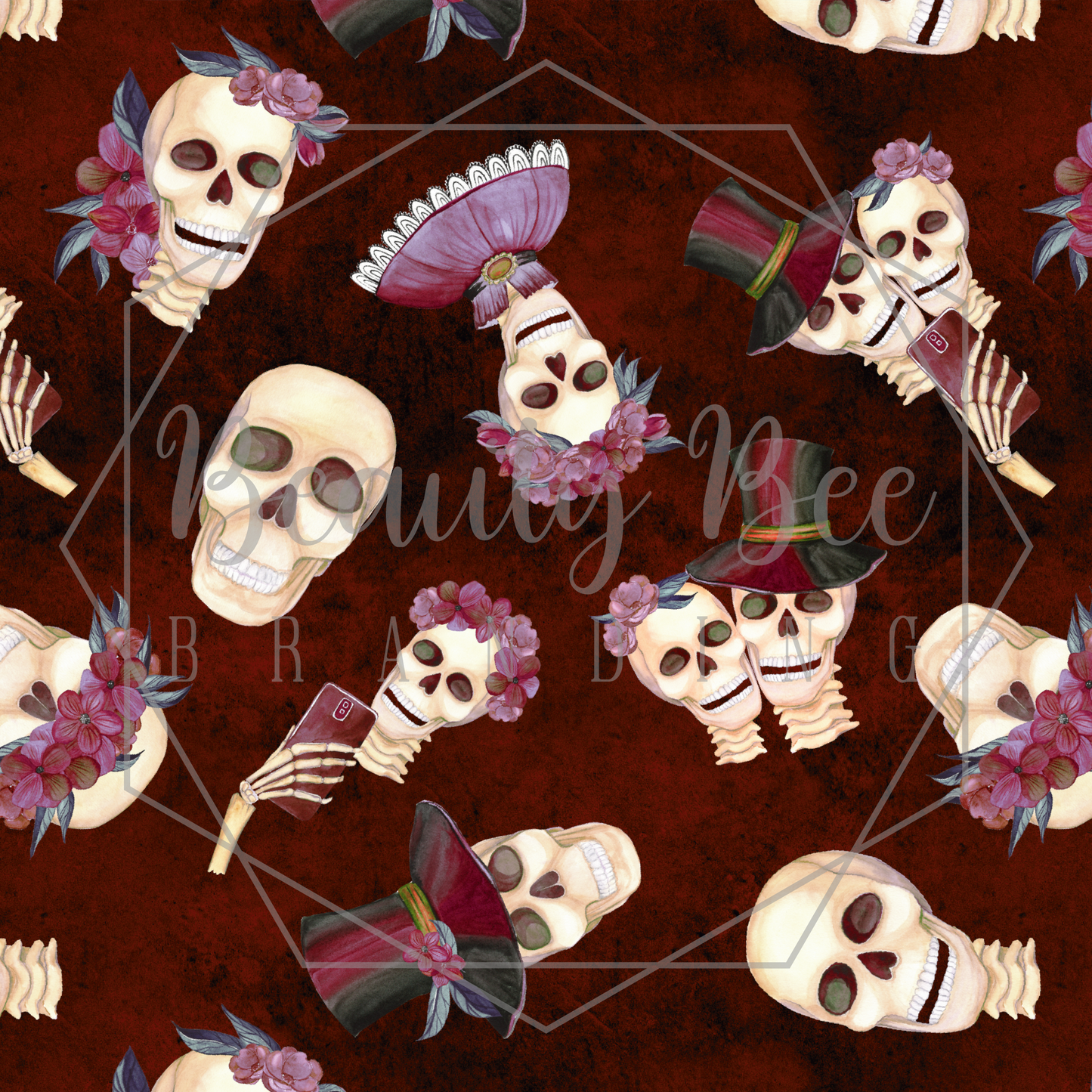 Skelly Lovers Burgundy SEAMLESS PATTERN