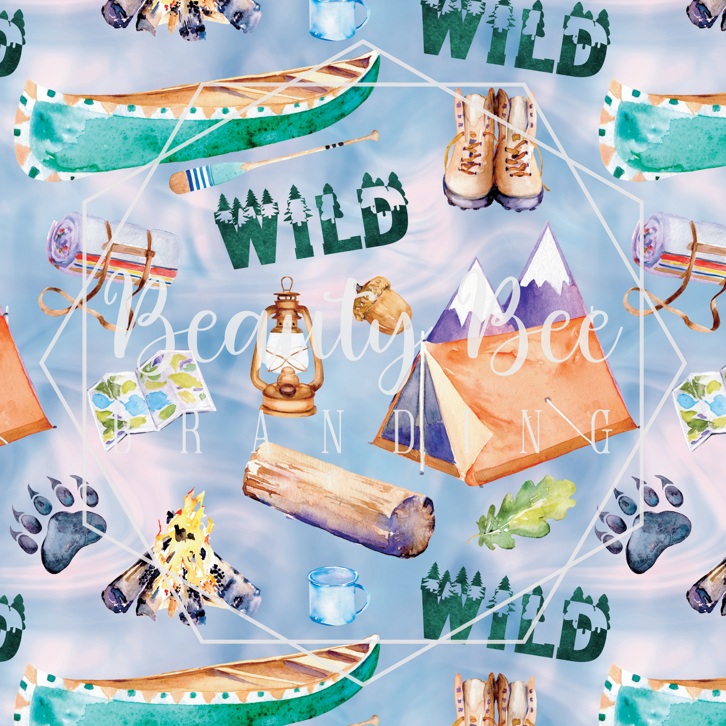 Camping Blue Watercolor SEAMLESS PATTERN