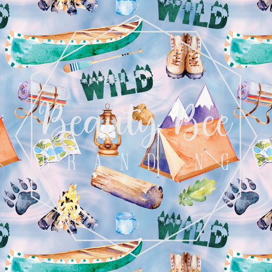 Camping Blue Watercolor SEAMLESS PATTERN