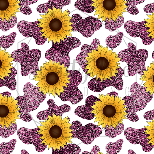 Cow Glitter Pink Spots & Sunflowers SEAMLESS PATTERN