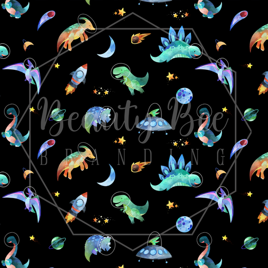 Space Dinos Solid Black SEAMLESS PATTERN