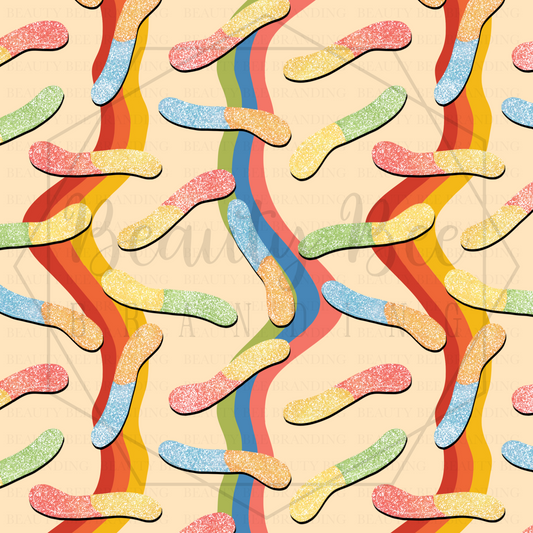Sugar Rush Gummy Worms Retro SEAMLESS PATTERN