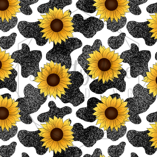 Cow Glitter Black Spots & Sunflowers SEAMLESS PATTERN