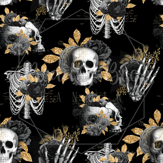 Floral Black Roses and Skeletons SEAMLESS PATTERN