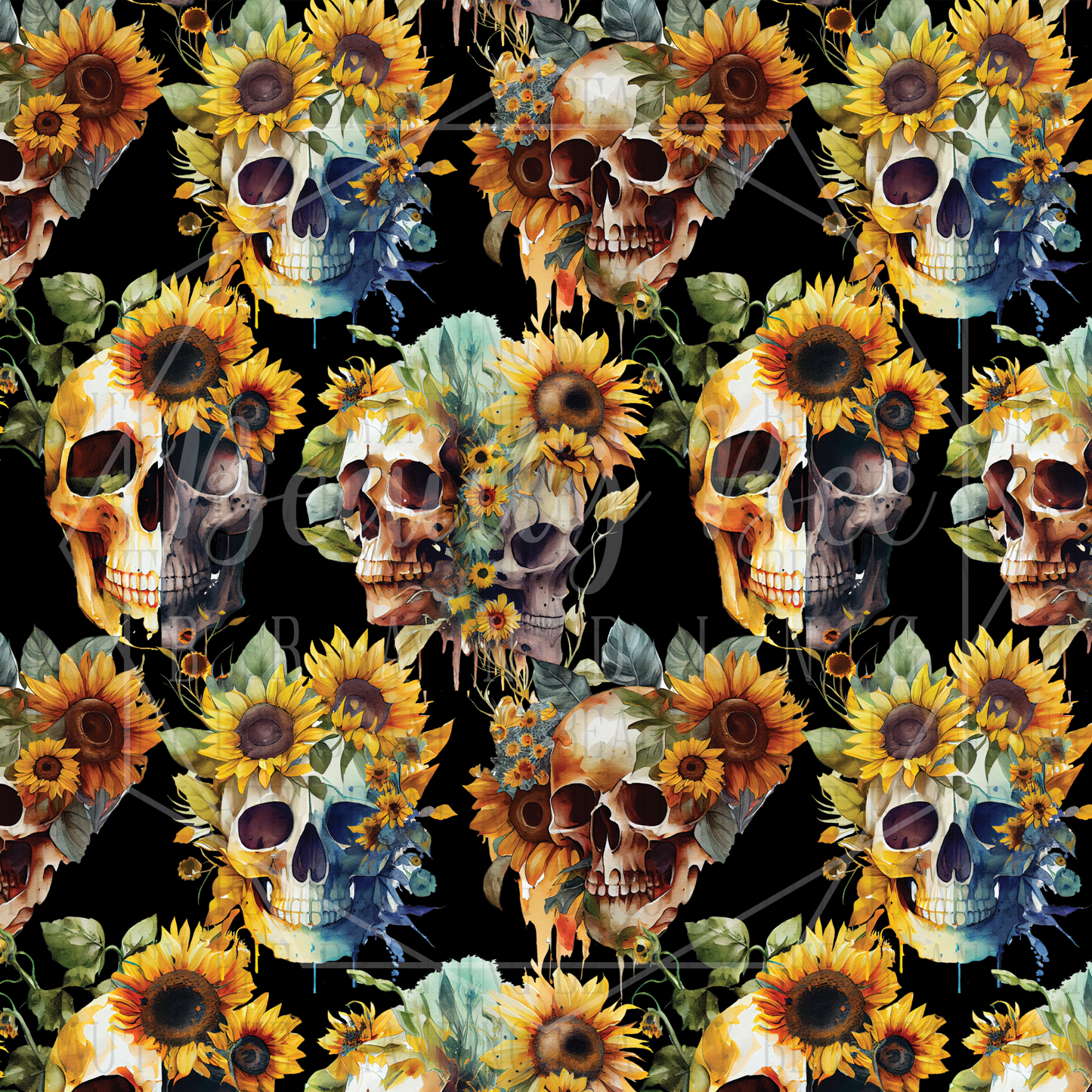Floral Sunflowers and Skulls SEAMLESS PATTERN