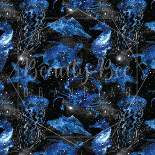 Galaxy Sea Creatures with Stars SEAMLESS PATTERN