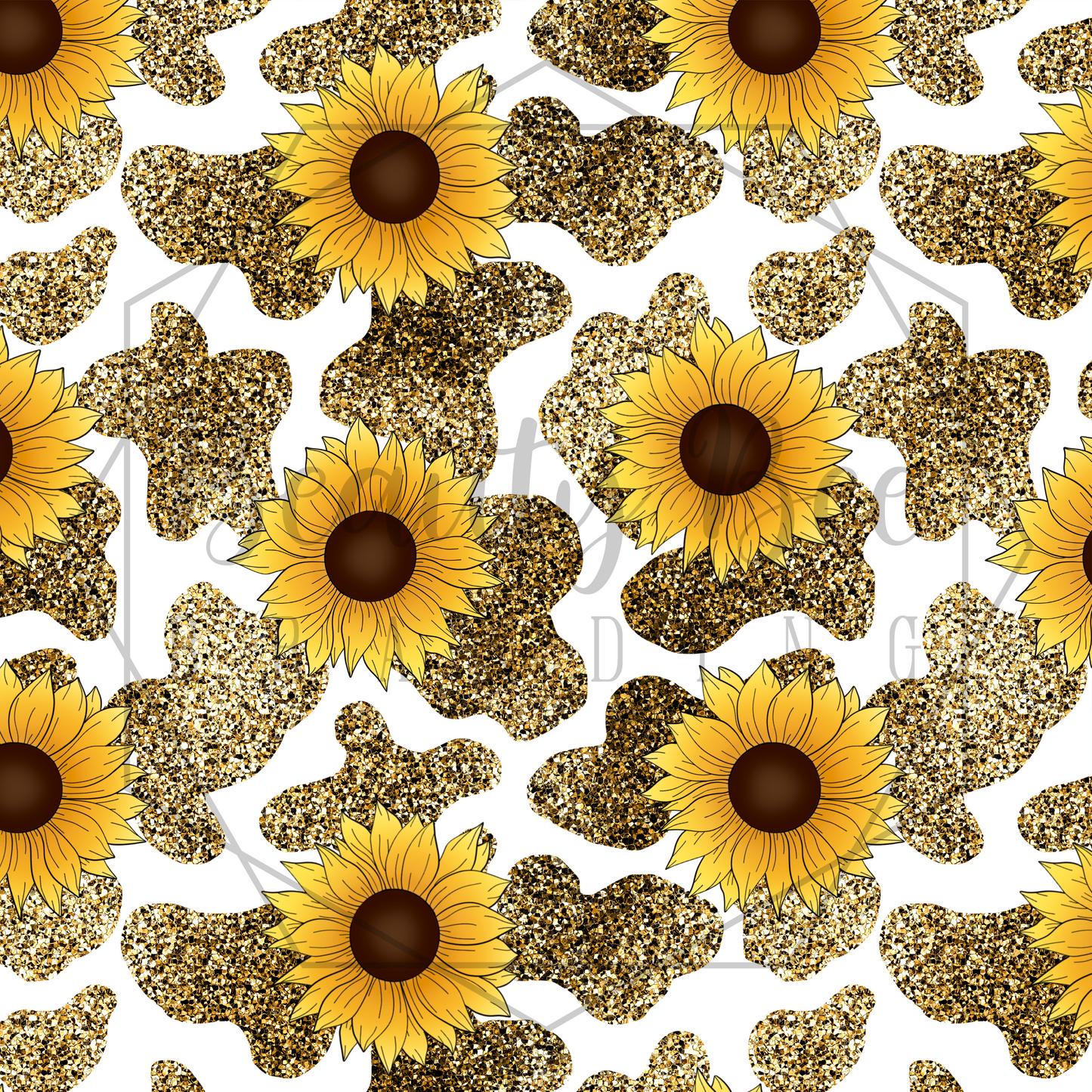 Cow Glitter Gold Spots & Sunflowers SEAMLESS PATTERN
